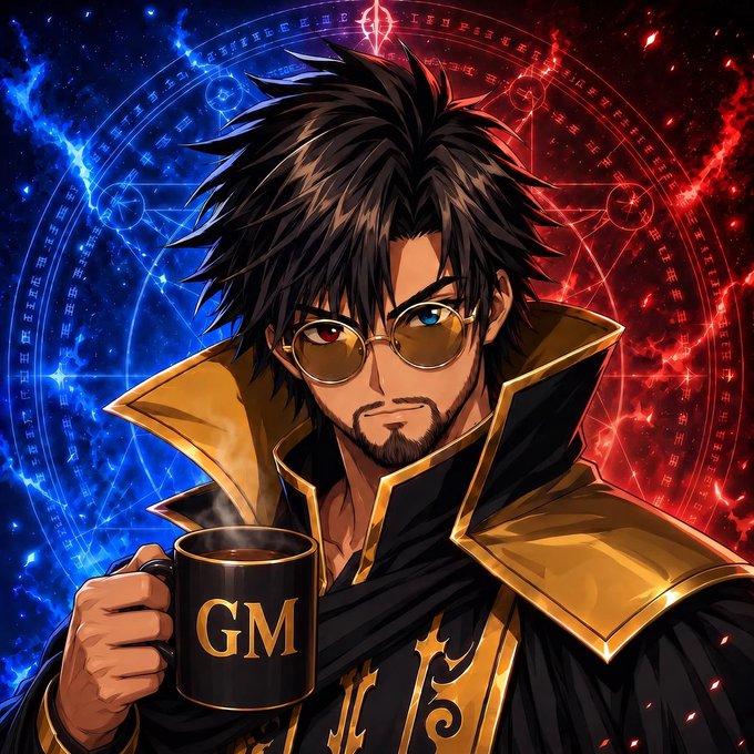 Anime-style illustration of a spiky-haired man wearing round glasses and a black-and-gold cloak, holding a steaming mug labeled 'GM' against a cosmic background split between blue and red magical circles.