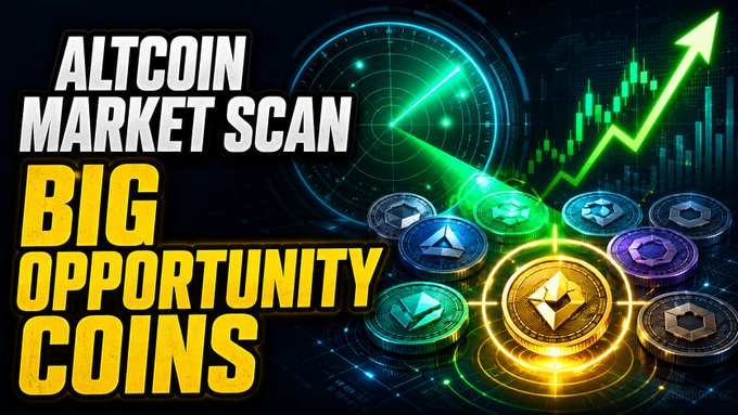 A bold promotional thumbnail for a live altcoin market scan featuring the text "ALTCOIN MARKET SCAN" and "BIG OPPORTUNITY COINS" alongside imagery of stacked crypto tokens, a green rising arrow, and an upward-trending candlestick chart, visually representing the hunt for profitable trading opportunities teased in the YouTube live stream announcement.