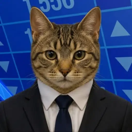 A tabby cat's face superimposed on a man wearing a black suit, white shirt, and dark blue tie, set against a blue background with stock chart numbers and arrows.