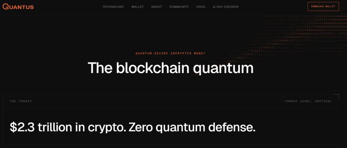 A dark-themed website for "Quantus" features the heading "The blockchain quantum" with text reading "$2.3 trillion in crypto. Zero quantum defense." and a threat level marked as critical.
