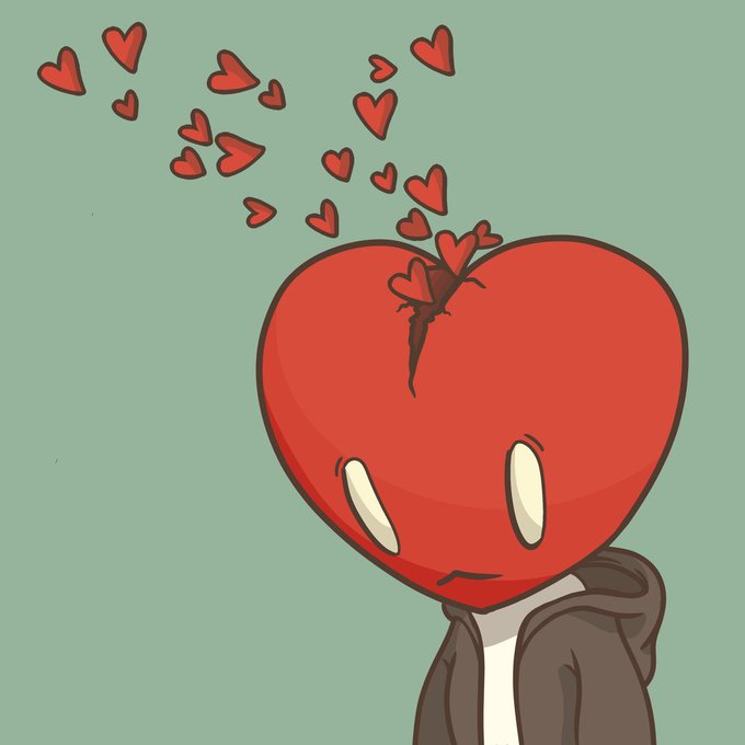A cartoon illustration depicts a character with a large red heart for a head, featuring a crack at the top from which smaller red hearts are flying out, set against a green background.