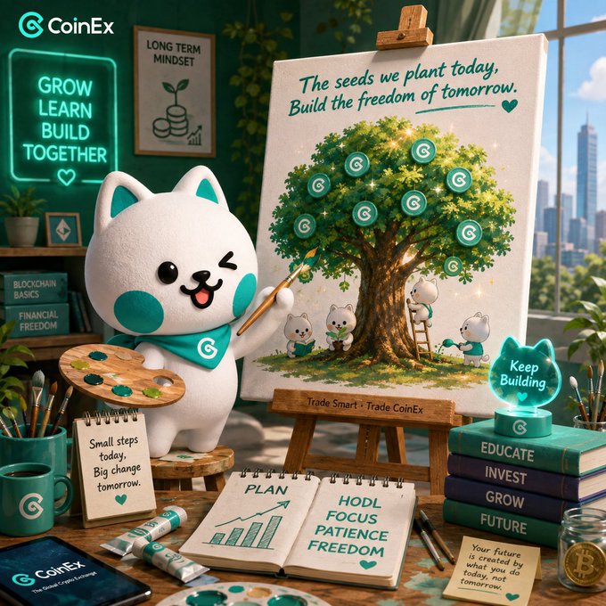 A promotional image for CoinEx features a cute white cat mascot painting a tree covered in 'CoinEx' logos on a canvas, surrounded by motivational books and crypto-themed items.