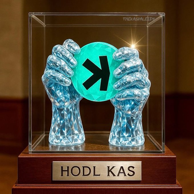 A trophy-style digital art piece labeled 'HODL KAS' featuring crystalline hands holding a teal Kaspa (KAS) cryptocurrency coin, watermarked 'THEKASPALEDDY'.