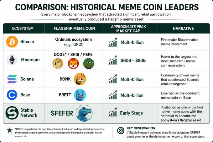A comparison chart titled "HISTORICAL MEME COIN LEADERS" showing flagship meme coins across major blockchain ecosystems—Bitcoin (ORDI, multi-billion peak), Ethereum (DOGE/SHIB/PEPE, $60B-$90B peak), Solana (BONK, multi-billion), Base (BRETT, multi-billion)—with $FERER on the Stable Network positioned in the "Early Stage" and noted as having potential to become that ecosystem's defining meme coin, directly supporting the post's claim that $FEFER is "the next big thing."