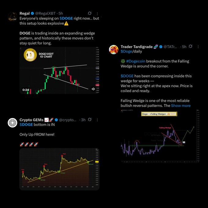 The image features three different posts about cryptocurrency trading. The first post is a screenshot of a Twitter account with a message from @RegalXBT discussing the current state of Dogecoin, which is sitting at the bottom of the chart on the left side. The second post shows a graph displaying the price movement for Dogecoin over time, indicating that it has been trading inside an expanding wedge and has been consistently increasing in value. The third post is another screenshot of a Twitter account with a message from @cryptogems555 about the same cryptocurrency, highlighting its recent success on the market.