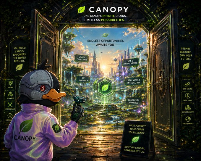 A promotional graphic for CANOPY featuring an anthropomorphic duck character in a futuristic suit standing before an ornate doorway opening to a fantasy landscape with floating islands, highlighting features like 'Launch Your Chain', 'NFT & Digital Assets', 'DeFi Innovation', 'Real World Integration', and 'Community Powered'.