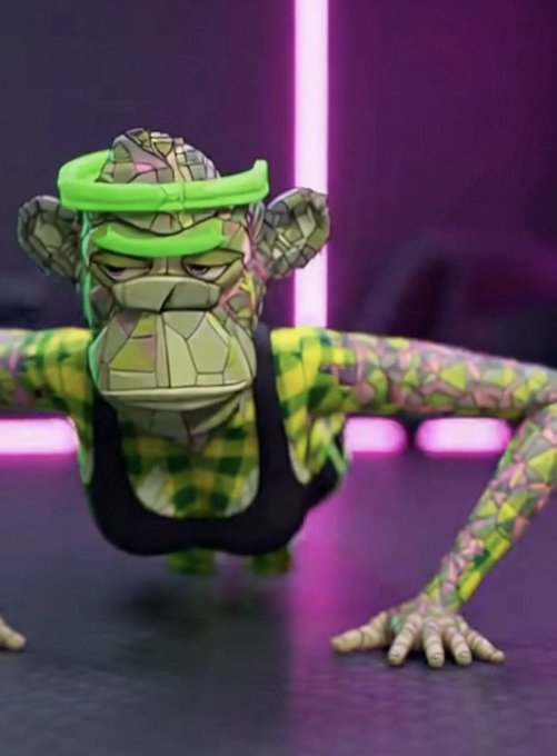 A 3D-rendered monkey-like character with geometric green and yellow patterned skin wears a green visor headband and a black tank top, posed in a crouched stance against a dark background with pink lighting.