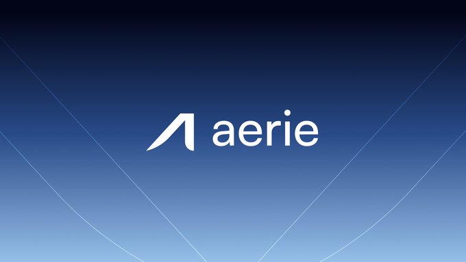 The image displays the "aerie" logo centered on a blue gradient background with subtle geometric line accents, representing Aerie Capital, the platform referenced in the post for hosting the Morpho market on Ethereum mainnet.
