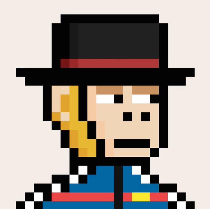 A pixel art character resembling a cowboy or ringmaster wears a black hat with a red band, gold epaulets, and a blue military jacket against a white background.