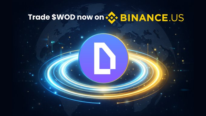 The image features a circular logo with a white "D" on a blue background, accompanied by an illustration of a globe in yellow and blue. The caption of the image reads, "Trade $WOD now on Binance US". There is also text that states Trade $WOD is now on Binance US, which suggests they are promoting or listing it as part of their collection events. Additionally, there is a reference to World of Dypians v0.5.5 going live on @EpicGames, implying this might be related to the gaming community.