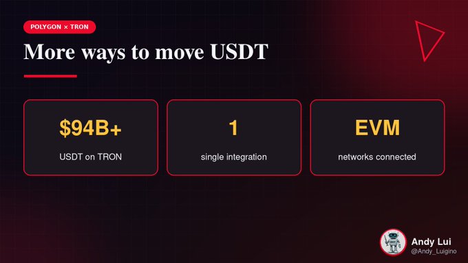 A presentation slide titled "More ways to move USDT" with "POLYGON x TRON" badge, showing stats including "$94B+ USDT on TRON", "1 single integration", and "EVM networks connected", credited to "Andy Lui @Andy_Luigino".
