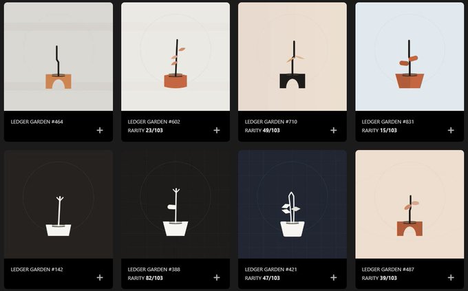 A gallery view of eight "LEDGER GARDEN" NFT collectibles showing minimalist abstract plant illustrations in pots, each labeled with a rarity score out of 103.