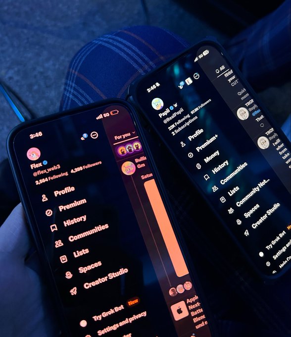 Two smartphones display the dark-themed X (formerly Twitter) profile menu side by side, showing account options like Profile, Premium, History, and Communities with usernames 'Flex' and 'Papai' visible.