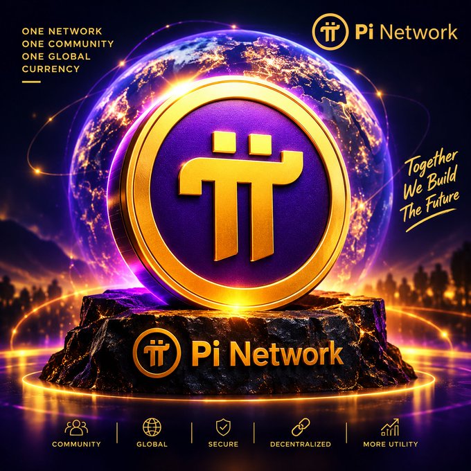 A promotional graphic for "Pi Network" features a large gold coin with the Pi logo against a glowing Earth backdrop, with text reading "ONE NETWORK ONE COMMUNITY ONE GLOBAL CURRENCY" and "Together We Build The Future".