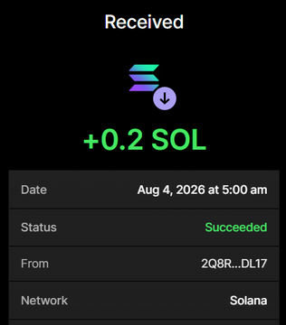 This image shows a confirmed receipt of +0.2 SOL on the Solana network, which corresponds to the acquisition of 6 million $NOBULL tokens with a 200% bonus as detailed in the accompanying post. The transaction is dated August 4, 2026, and is marked as "Succeeded."