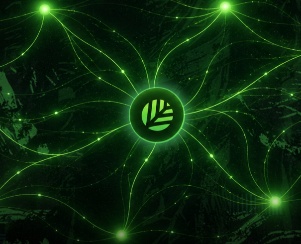 A digital green graphic featuring a central circular logo with a stylized leaf design, surrounded by radiating green lines and glowing nodes against a dark textured background.