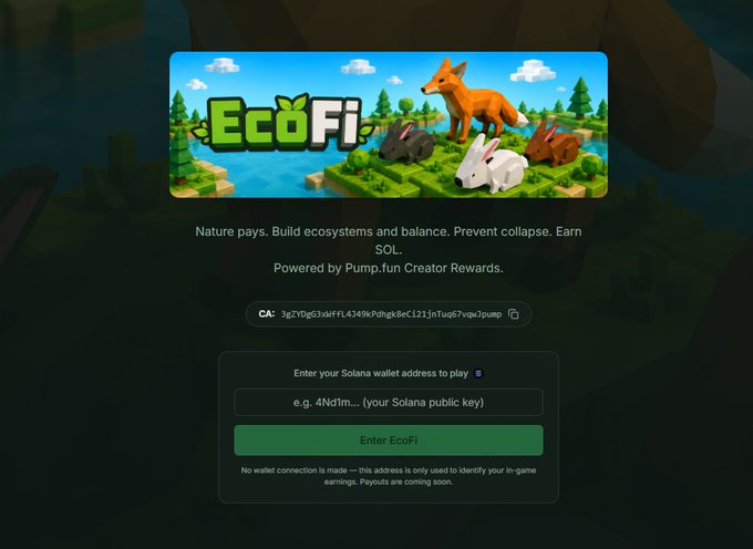 A landing page for 'EcoFi' game with text 'Nature pays. Build ecosystems and balance. Prevent collapse. Earn SOL' featuring a fox, rabbit, and other animals, with a Solana wallet input field.