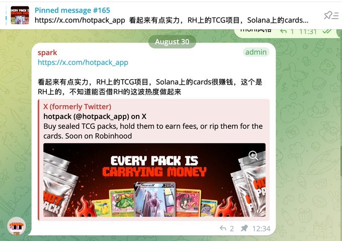 A Telegram message preview showing a link to 'https://x.com/hotpack_app' about a TCG project on Robinhood and Solana, with an embedded tweet showing trading cards and text 'EVERY PACK IS CARRYING MONEY'.