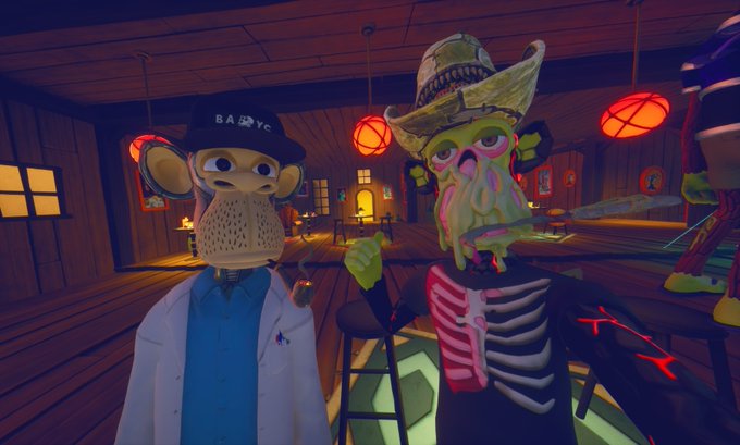 A screenshot from a video game showing two avatars in a wooden saloon—one wearing a lab coat with a bag for a head, and the other in a skeleton shirt with a grotesque green mask.