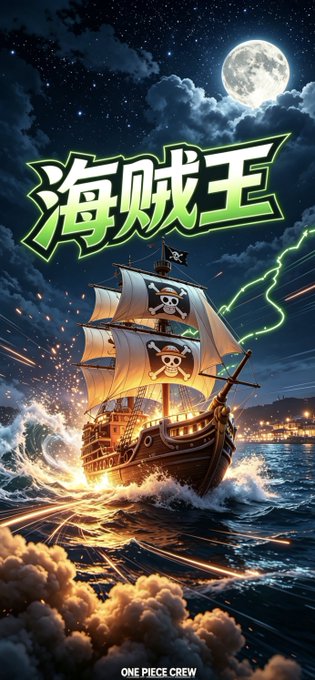 A vibrant anime-style illustration of a pirate ship sailing under a full moon, featuring skull-and-crossbones sails, green Japanese text reading "海贼王," and the caption "ONE PIECE CREW" at the bottom.