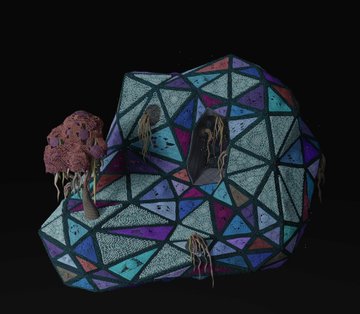 A geometric, low-poly style digital artwork of a cave or structure covered in colorful triangular panels with small tree and figure decorations attached.