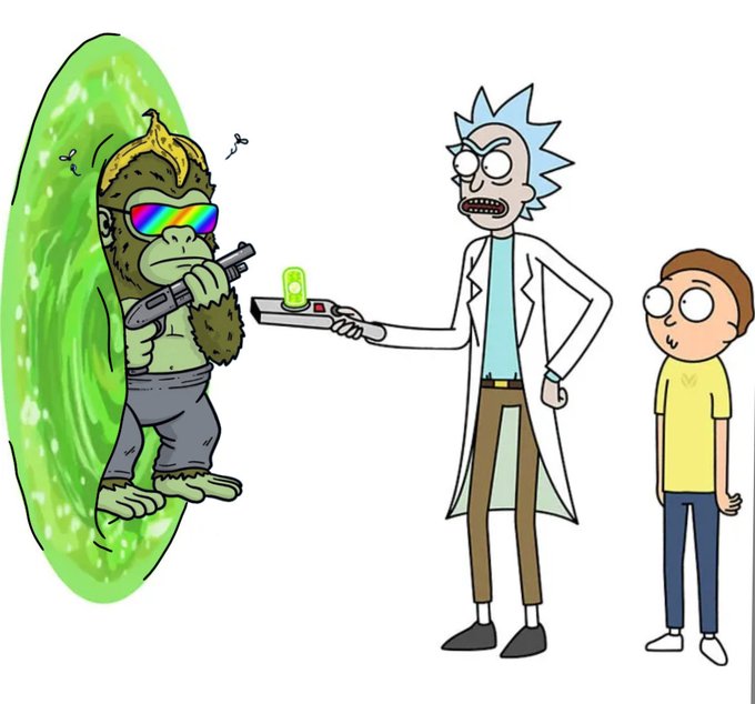 A Rick and Morty crossover illustration where Rick holds a portal gun with a sunglasses-wearing gorilla emerging from a green portal, while Morty watches from the side.