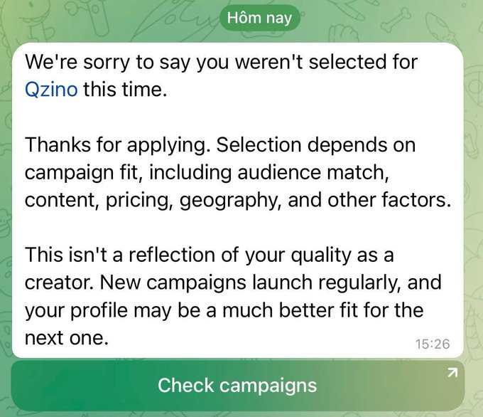 A screenshot of a rejection message that reads 'We're sorry to say you weren't selected for Qzino this time,' explaining that selection depends on campaign fit.