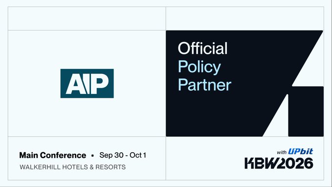 A promotional graphic for the Korea Blockchain Week (KBW) 2026 Main Conference featuring AIP as the Official Policy Partner, with UPbit sponsorship.