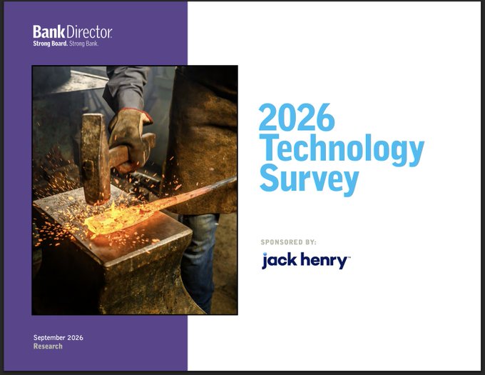 A cover graphic for "Bank Director" magazine featuring a photo of a blacksmith forging hot metal on an anvil, with the text "2026 Technology Survey" and "SPONSORED BY: jack henry".