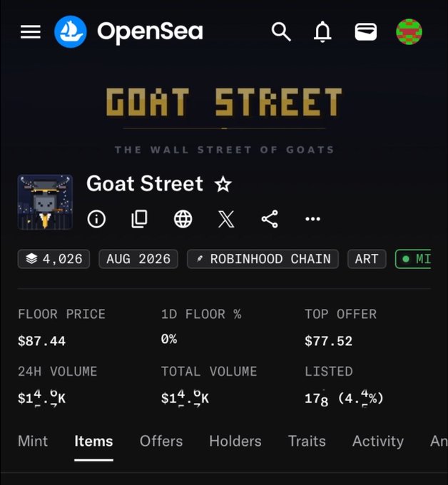 OpenSea NFT marketplace page showing "Goat Street" collection with tagline "THE WALL STREET OF GOATS," displaying a floor price of $87.44 and 24H volume of $14.9K.