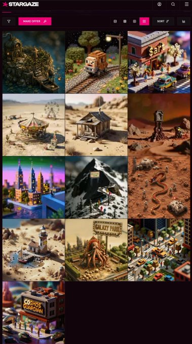 A screenshot of the 'STARGAZE' platform displays a grid of various 3D voxel and miniature art scenes, including buildings, landscapes, and a 'Galaxy Pancake' sign.
