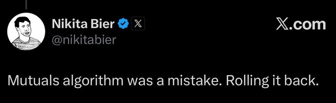 A screenshot of a tweet from Nikita Bier (@nikitabier) with a verified checkmark, reading "Mutuals algorithm was a mistake. Rolling it back." The image pairs with the accompanying post about the feature ending, with Bier announcing the rollback of the mutuals algorithm he had previously launched.
