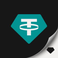 The image shows the Tether logo, a teal diamond shape with the white "₮" symbol inside, displayed on a black background with a curled corner effect. The logo represents the USDT cryptocurrency mentioned in the post about its upcoming return to the Bitcoin network via Utexo, featuring private transfers, BTC-USDT swaps, and Bitcoin-backed loans.