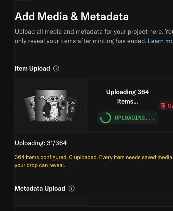 A dark-themed digital interface showing an 'Add Media & Metadata' upload page, with a progress indicator displaying 'Uploading 364 items...' and 'Uploading: 31/364' below a thumbnail of cartoon character cards.