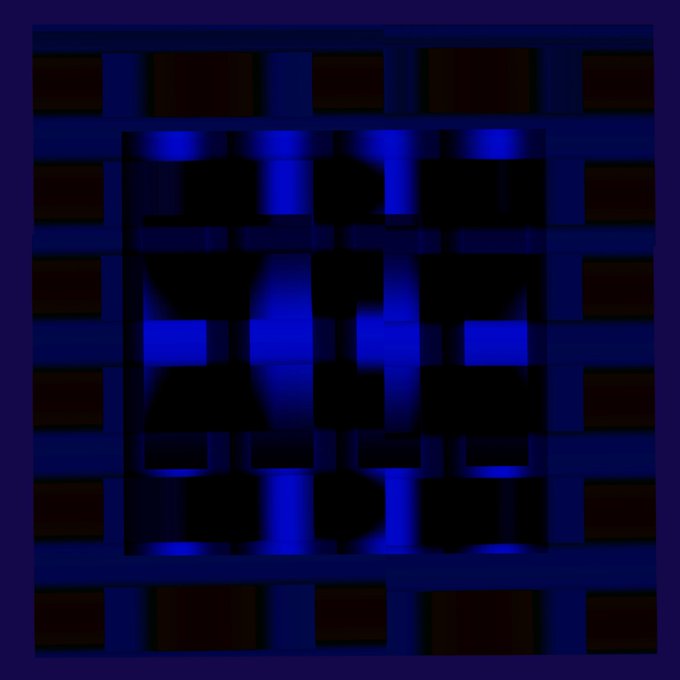 An abstract digital artwork featuring a dark purple and blue grid pattern with glowing geometric shapes and a luminous central sphere-like form.