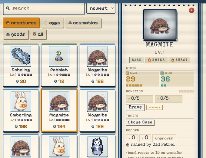 A pixel-art game interface showing a creature collection with several 'Magmite' creatures displayed in a grid, with the selected Magmite (Lv.1) shown in detail on the right panel displaying stats including 29 Power and 36 Spirit.