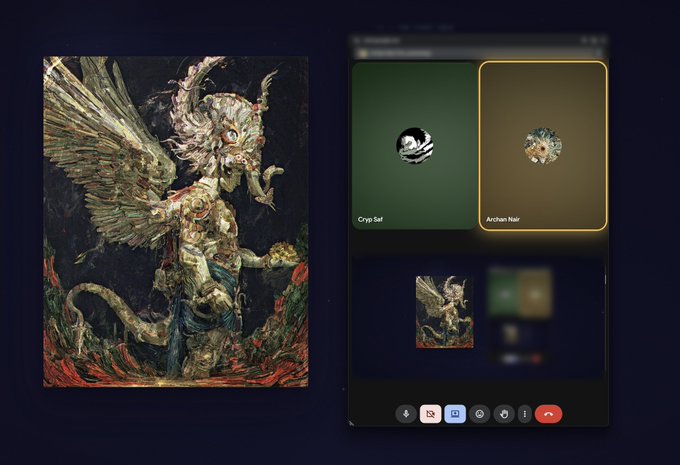 The image shows a detailed fantasy artwork of a winged, multi-eyed creature alongside a video call interface featuring participants labeled "Cryp Sat" and "Archan Nair," visually representing the call mentioned in the post where the user discussed their Point Zero NFT collection by artist Archan Nair.