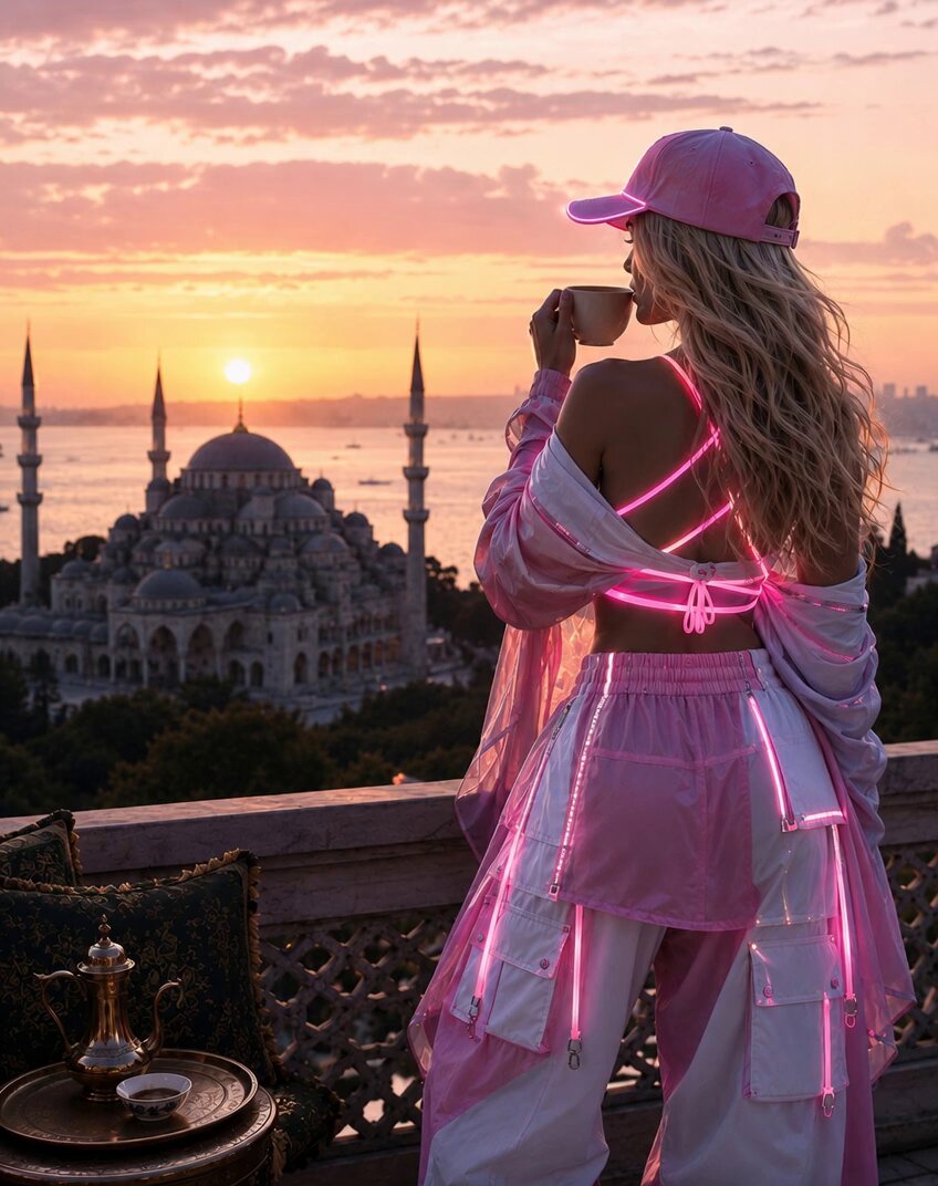 The image features a woman standing on a balcony, holding a cup of coffee while wearing a pink hat and a pink outfit with neon lights. She appears to be enjoying her time at the top of the building during sunrise or sunset. The photo is accompanied by a caption that reads "Rising morning frens BTC: I'm digital gold." Sol: "Watch this." NFTs: "Remember me?" This caption suggests that the woman's outfit and the neon lights are part of an art project, possibly related to cryptocurrency or digital art.
