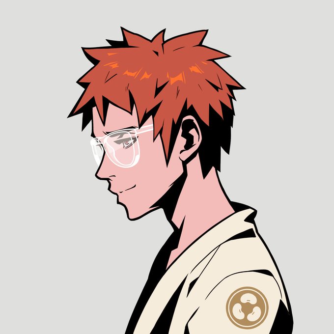 An anime-style profile illustration of a young man with spiky red hair and white-framed glasses, wearing a white garment with a circular emblem on the shoulder.