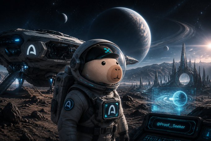 A digital illustration features a teddy bear in an astronaut suit on an alien planet with a spaceship, ringed planet, and futuristic city in the background; the watermark '@Proof_Seeker' is visible.