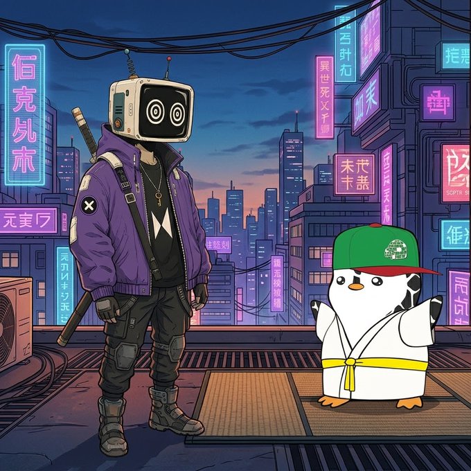 A robot-headed ninja in a purple jacket with an "X" logo stands beside a martial arts-outfitted penguin on a neon-lit rooftop, surrounded by Japanese-style signs. The image serves as promotional artwork for the "InkRoboNFT" giveaway offering 6 GTD + 10 WL spots.