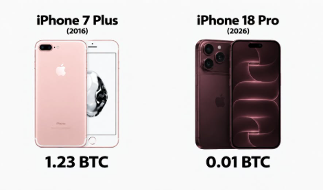 A comparison graphic showing 'iPhone 7 Plus (2016)' priced at 1.23 BTC versus 'iPhone 18 Pro (2026)' priced at 0.01 BTC.