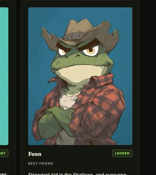 A digital card features an anthropomorphic green frog character wearing a cowboy hat and red plaid shirt, labeled "Fenn" with a "BEST FRIEND" title and a "LOCKED" status.