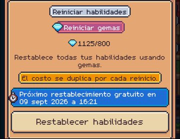 A video game interface in Spanish showing a 'Reiniciar gemas' (Reset gems) menu with a cost of 1,125/800 gems, noting that the next free reset is on '09 sept 2026 a 16.21'.