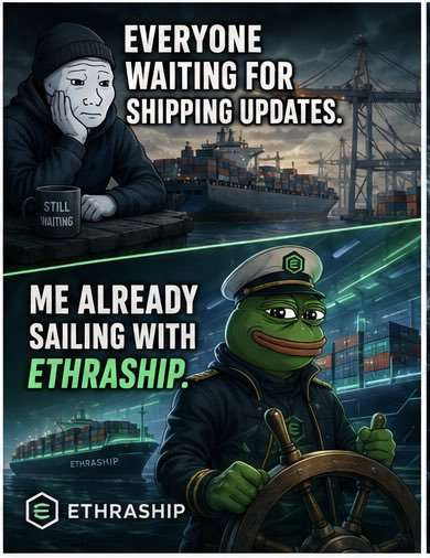 A meme advertisement for EthraShip featuring a sad figure waiting for shipping updates with a 'STILL WAITING' mug, contrasted with a confident Pepe the Frog character as a ship captain already sailing with EthraShip.