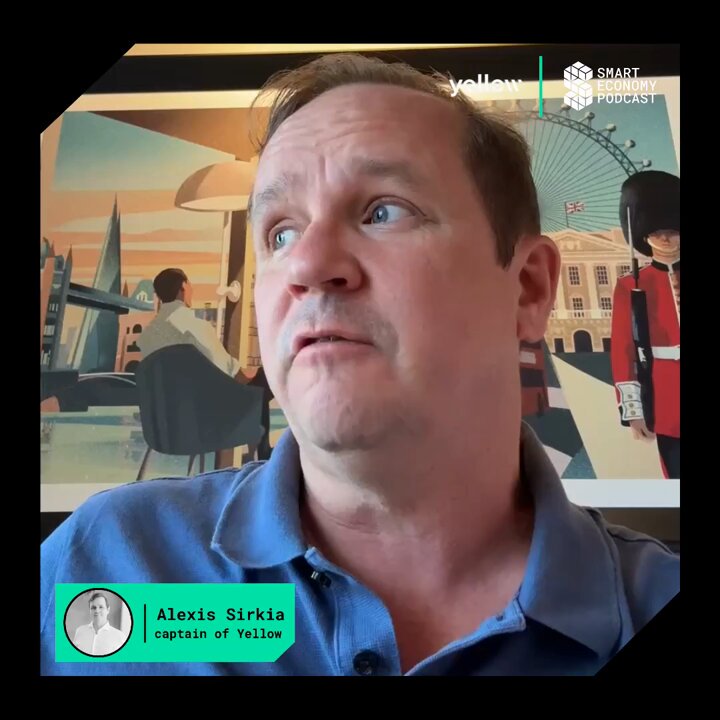 The image features an interview with a man wearing a blue shirt who appears to be a businessman or a tech expert. He is talking about a new technology called "Yellow", which is related to the AI Agent Economy (AIAE). The AIAE is a system that enables agents, such as chatbots and virtual assistants, to perform various tasks in commerce and other industries. It focuses on creating state channels for agent-to-agent commerce, allowing fast transactions with low cost and no custody risk. This technology aims to provide an off-chain infrastructure for agents to engage in commerce without the need for a centralized authority or middlemen. The post also mentions that this AIAE is specifically designed for agent commerce, which means it caters to the needs of agents who want to conduct transactions independently from traditional banking systems and other centralized services.