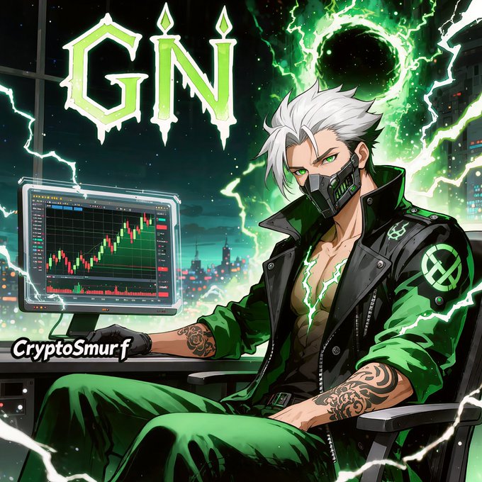 Anime-style digital artwork shows a white-haired, masked character labeled 'CryptoSmurf' in green attire at a computer displaying a stock chart, with 'GN' at the top.