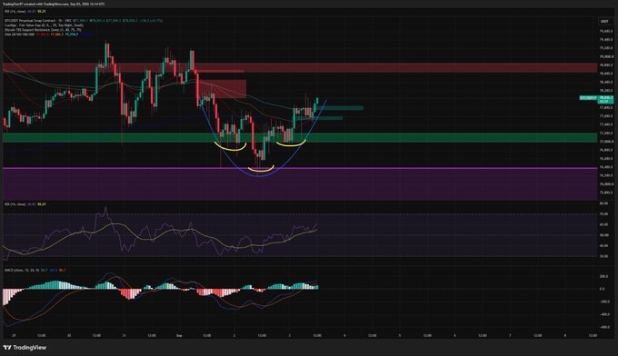 The image shows a TradingView BTC/USD 1-hour candlestick chart from TradingProfitsVIP, displaying technical indicators including RSI (52.07) and MACD, with the Bitcoin price currently at $76,445 after a major upward move—directly corroborating the post's claim of a significant Bitcoin analysis prediction that materialized.
