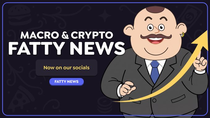 The image is a promotional banner for "MACRO & CRYPTO FATTY NEWS," featuring a cartoon character of a smiling, mustachioed man in a suit pointing upward alongside a rising yellow arrow, with a "FATTY NEWS" button and "Now on our socials" text, serving as a visual teaser for the accompanying post about three notable weekly crypto stories involving traditional finance moving on-chain and major banks entering the crypto space.