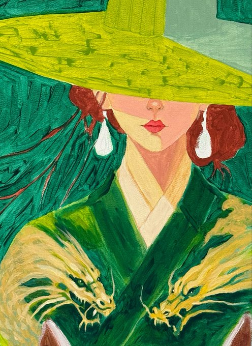 A stylized painted portrait of a woman in a green kimono-like robe and wide-brimmed green hat, featuring two golden dragon heads on her chest and birds perched near her face.